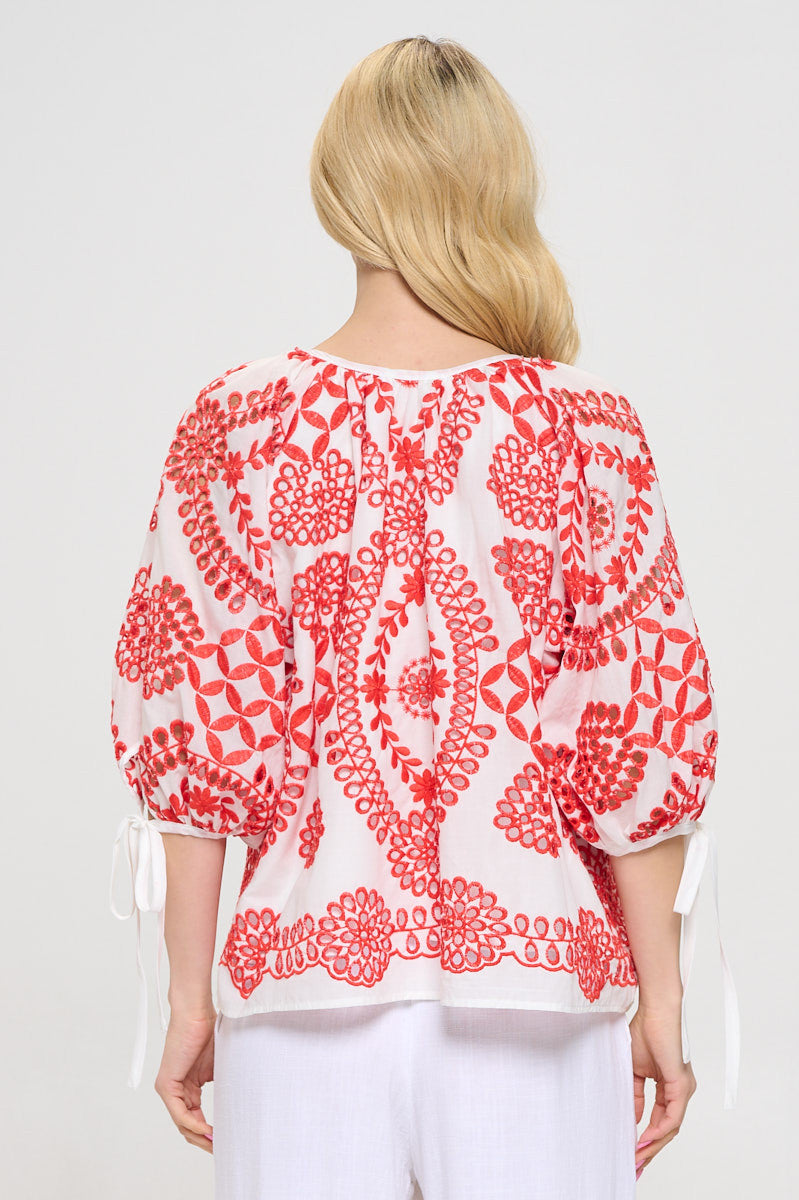 Embroidered Cotton V neck Half Puff Sleeve Top with Tie