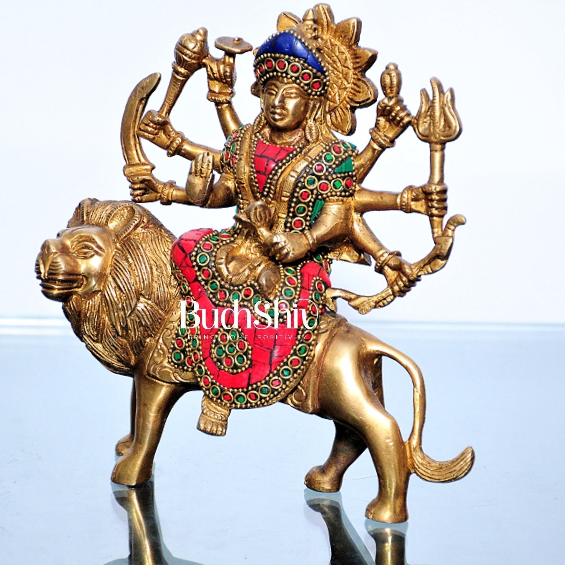 Goddess Durga brass idol with 8 arms sitting on lion with stonework 7.5 inches | This Godess Durga - Hidden-Gems