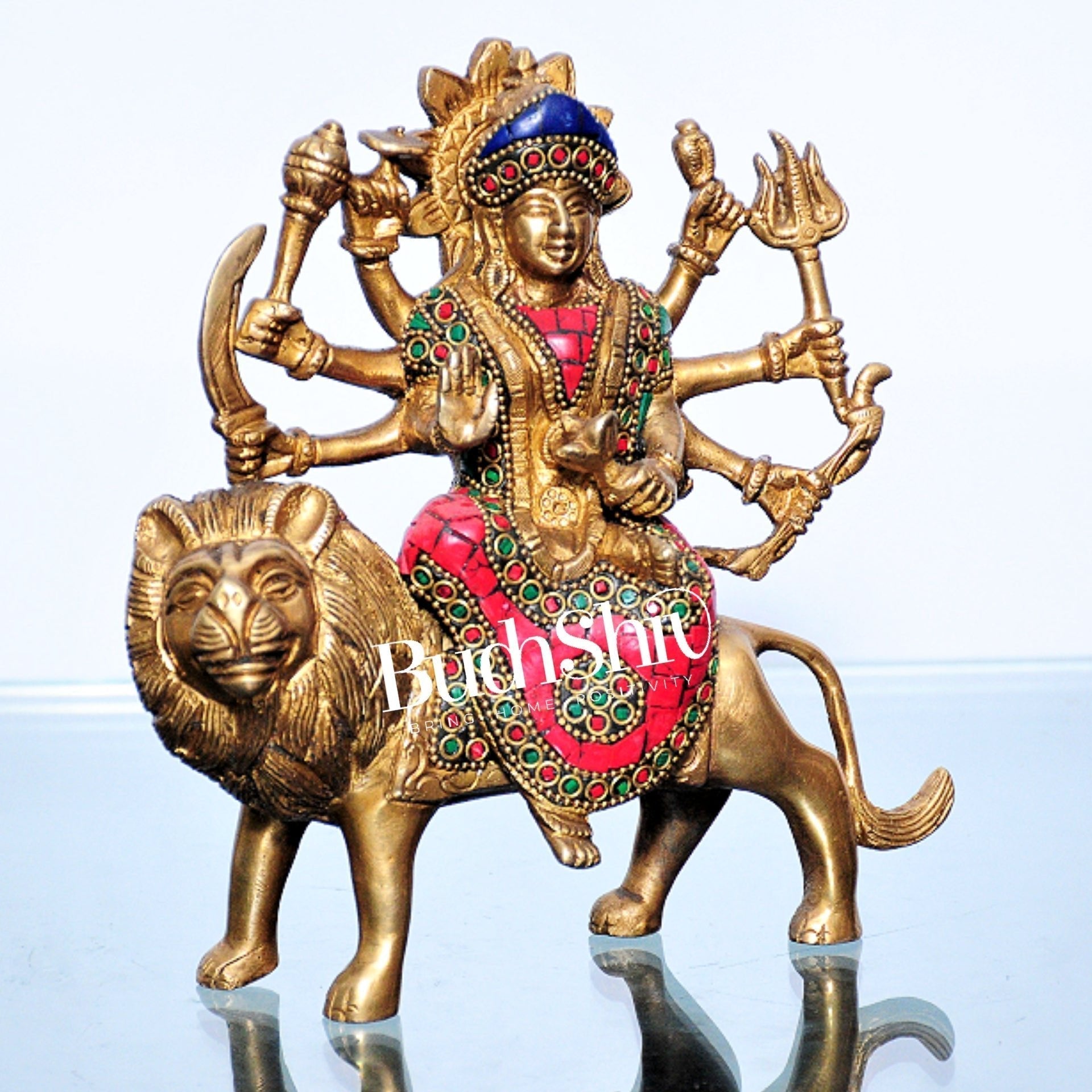 Goddess Durga brass idol with 8 arms sitting on lion with stonework 7.5 inches | This Godess Durga - Hidden-Gems