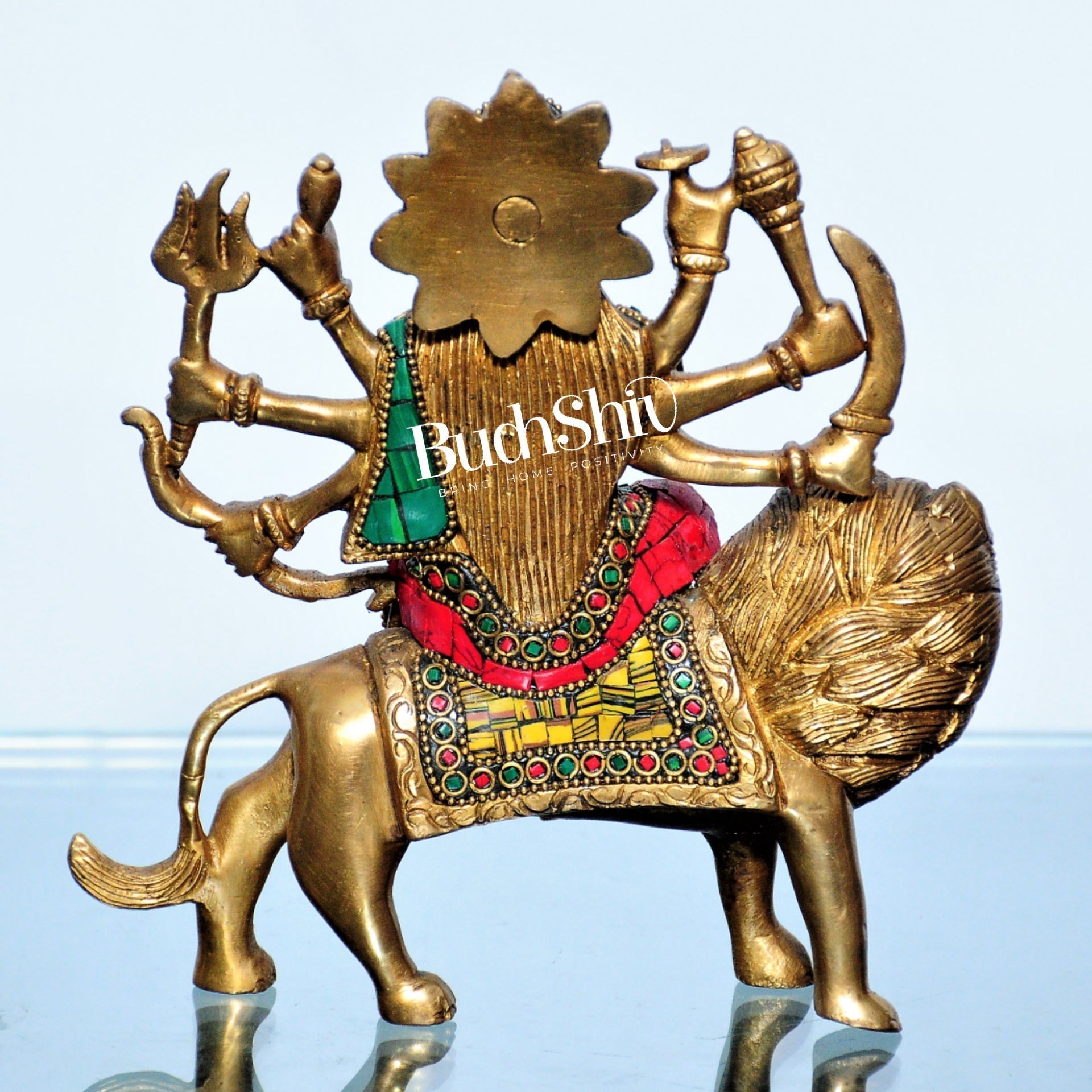 Goddess Durga brass idol with 8 arms sitting on lion with stonework 7.5 inches | This Godess Durga - Hidden-Gems