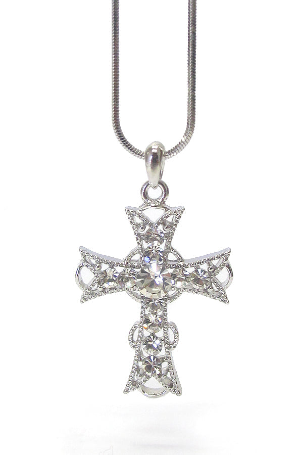 MADE IN KOREA WHITEGOLD PLATING CRYSTAL CROSS PENDANT NECKLACE-0