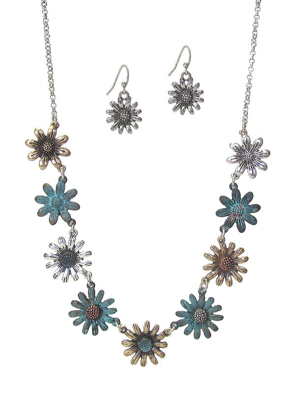 MULTI METAL FLOWER LINK NECKLACE SET-0